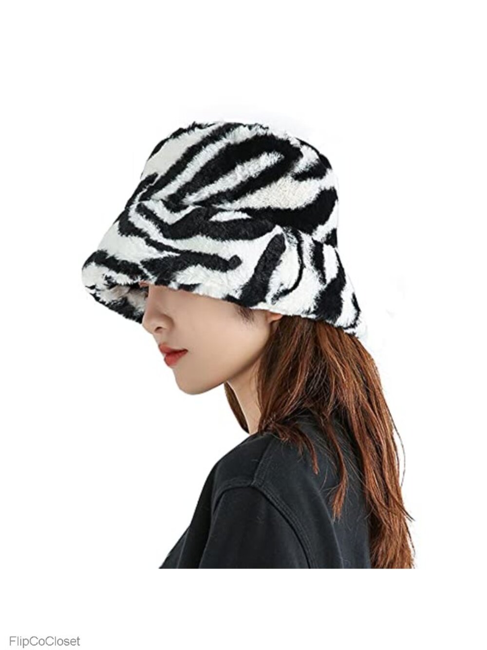 Faux Fur Zebra Print Bucket Hat Adjustable Winter Warm Plush Fisherman Cap